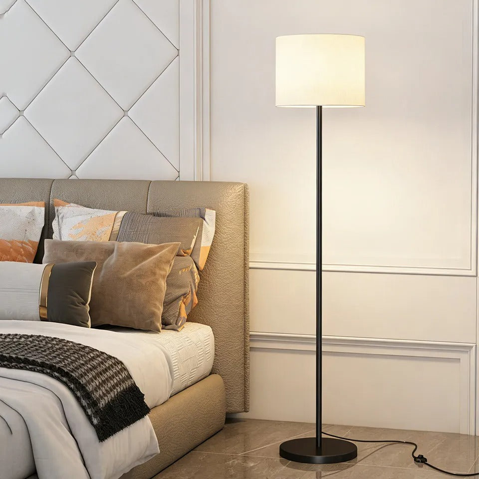 Modern Floor Lamp with White Fabric Shade, Slim Metal Standing Light for Living Room, Minimalist Home Decor Lighting Fixture