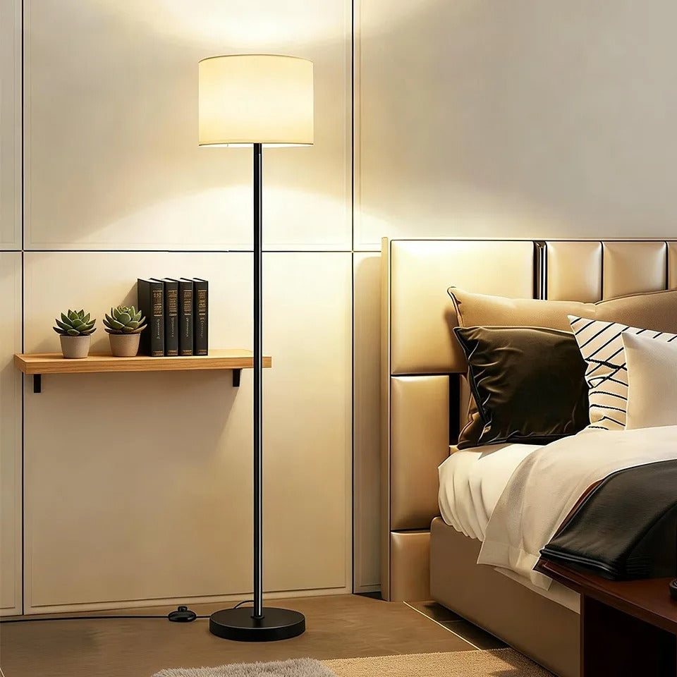 Modern Floor Lamp with White Fabric Shade, Slim Metal Standing Light for Living Room, Minimalist Home Decor Lighting Fixture