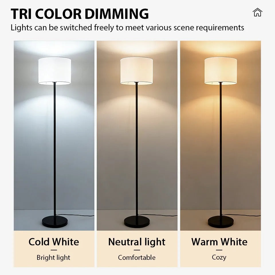 Modern Floor Lamp with White Fabric Shade, Slim Metal Standing Light for Living Room, Minimalist Home Decor Lighting Fixture