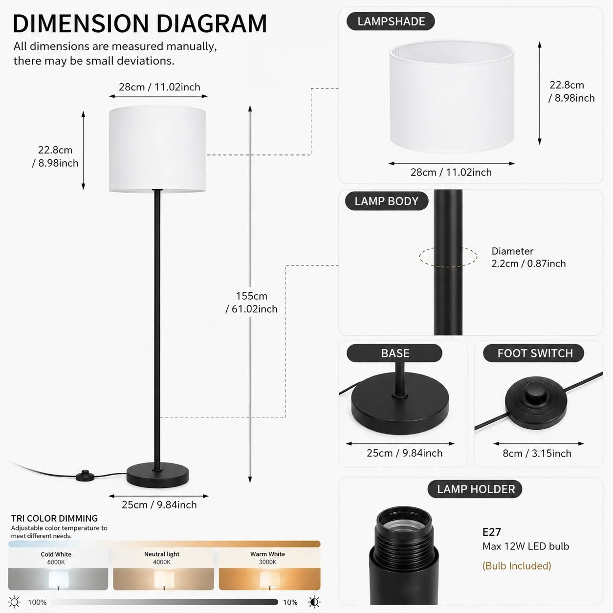 Modern Floor Lamp with White Fabric Shade, Slim Metal Standing Light for Living Room, Minimalist Home Decor Lighting Fixture