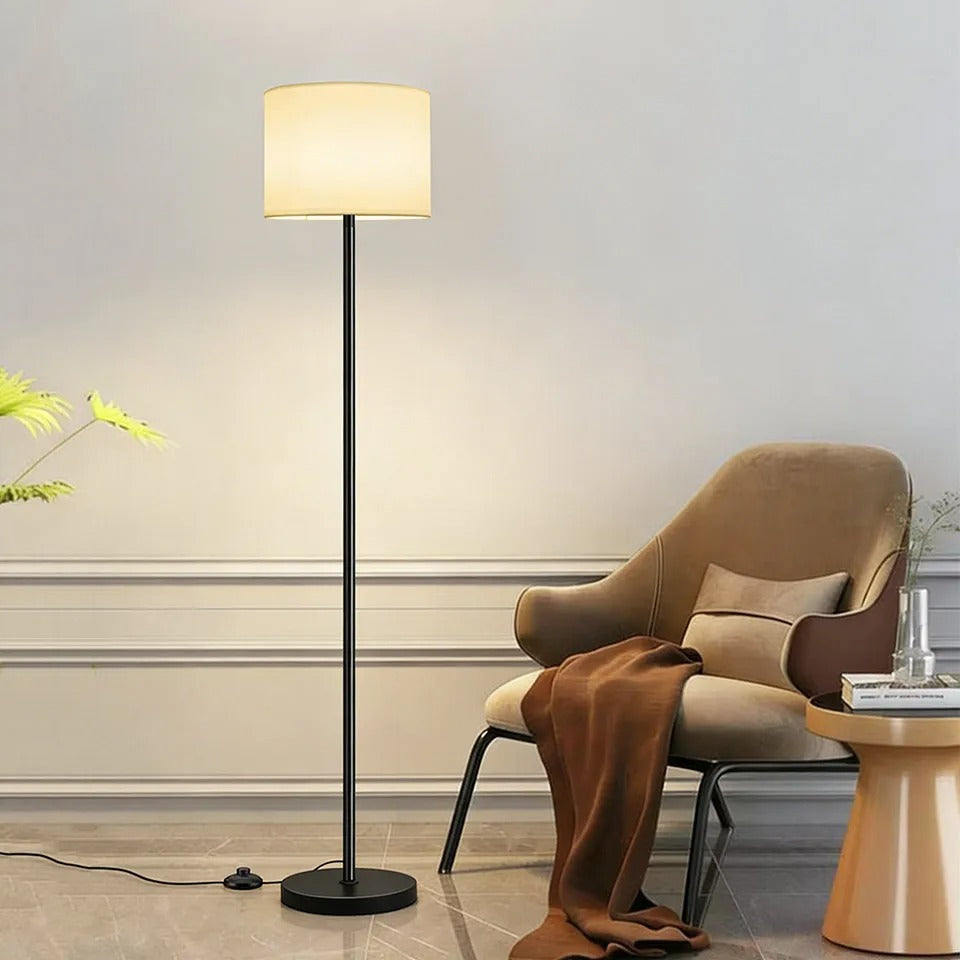 Modern Floor Lamp with White Fabric Shade, Slim Metal Standing Light for Living Room, Minimalist Home Decor Lighting Fixture