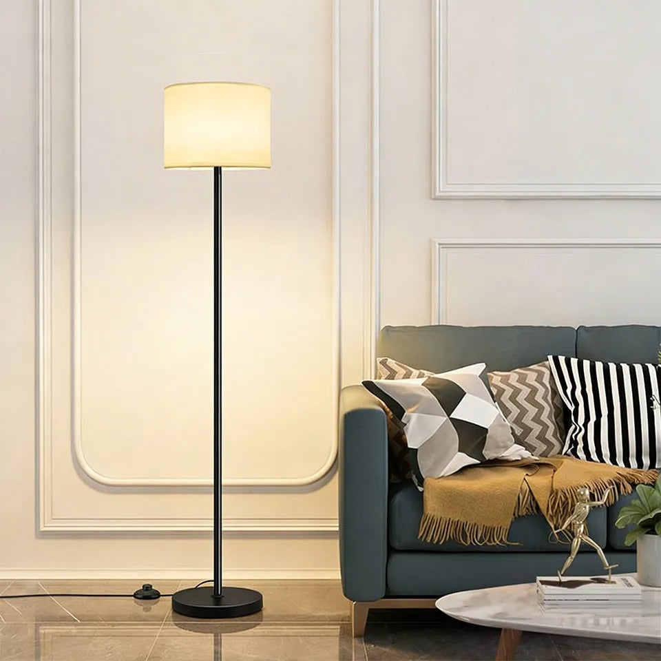 Modern Floor Lamp with White Fabric Shade, Slim Metal Standing Light for Living Room, Minimalist Home Decor Lighting Fixture