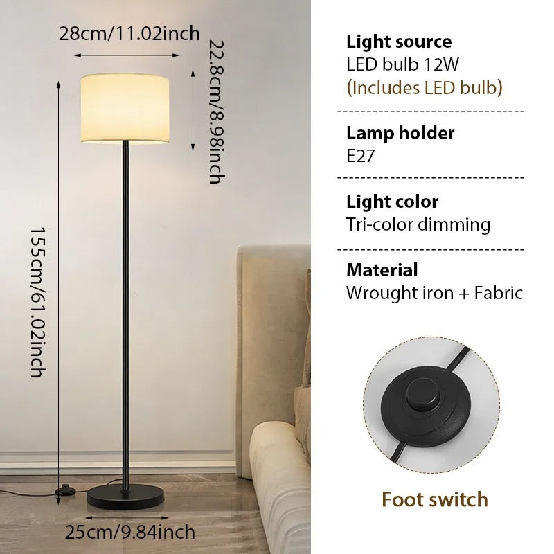 Modern Floor Lamp with White Fabric Shade, Slim Metal Standing Light for Living Room, Minimalist Home Decor Lighting Fixture